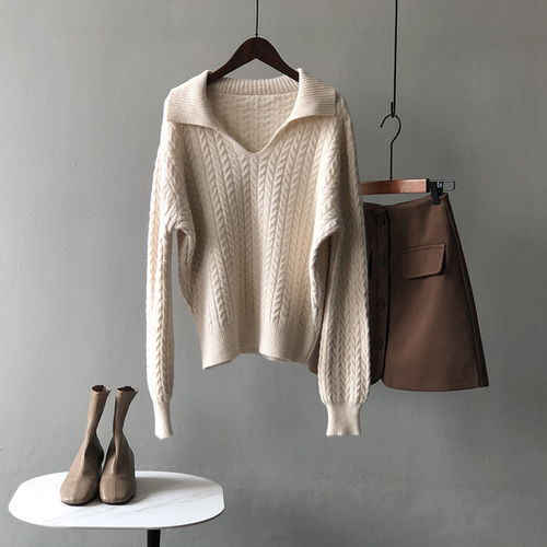 言雙polo翻領(lǐng)毛衣女2021秋冬新款韓版v領(lǐng)寬松慵懶風(fēng)針織上衣lx06